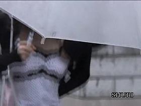 Wild boob sharking action during a rainy day in Japan