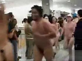 Bunch of naked students running up the stairs
