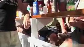 German ladies at the bar show their shaved cunts