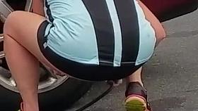 Gas Station camel toe bending over