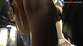 Golden-Haired on bus wearing pink strap upskirt