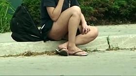 Candid upskirt with a busty cutie in a tiny skirt