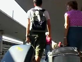 Hot sexy blonde jeans skirt upskirt