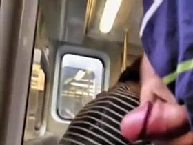 Stroking his small penis on the train