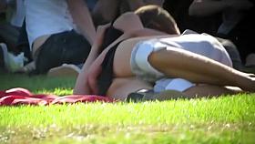 Short-haired lass makes out with a boy and reveals panties