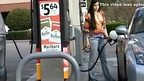 Girlfriend has her tits out as she gasses the car