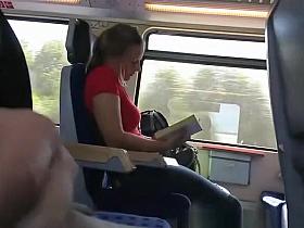 Exhibitionist dude plays with his cock in train