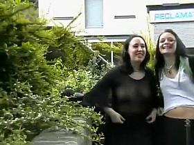Public tit sucking with two British lesbian babes