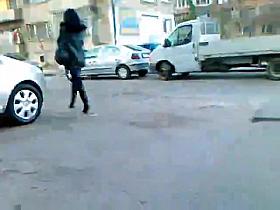 Hot babe passing by in sexy boots