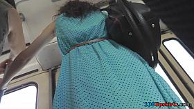 Upskirt scene with sexy brunette in trolley bus