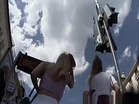 Hot blonde in short white skirt upskirted
