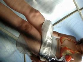 Gal in beach cabin bares off nub and puts bikini on up skirt