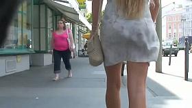 Sexy blonde teen upskirt voyeur vid