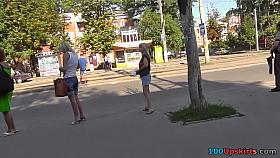 Hawt golden-haired upskirt sweetheart on a bus stop