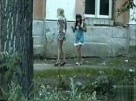 Teen blonde in a dress pees in public