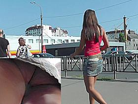 Short jean skirt slightly covers sweet ass upskirt