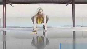 Sexy blonde in stockings at car park showing upskirt