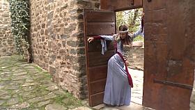 Mediaeval baebe bares her cunt and arse