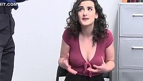 White black haired teen goes on her knees and blowjobs the LP Officer swallowing his rod deep dwon her throat