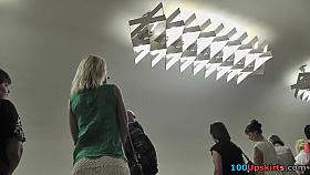 G-string of a sexy blonde seen in free upskirt video