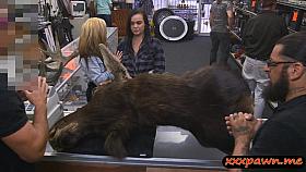 Two bisexual babes get fucked in a pawnshop for money