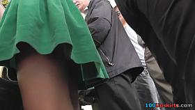 Spy upskirt cam got under the young chick's green skirt