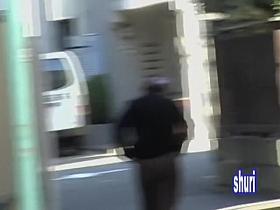 Asian babe in brown sweatpants gets a street sharking.