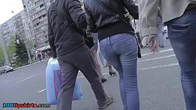Cute upskirt angel in denim coat