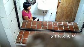 Black haired chubby girl taking a piss and blowing her nose