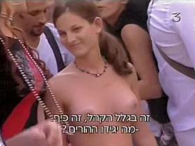 Voyeur public nudity clip with smiling cutie out of bra