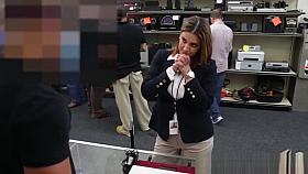 Busty office babe pawns pussy for cash