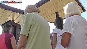 Young brunette babe in the upskirt outdoor video