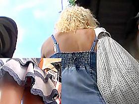 High heels and striped panty upskirt