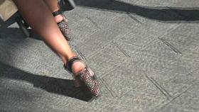 candid hot milf with gorgeous legs in wedges high heels