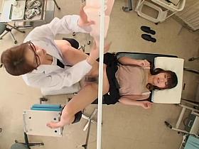 Skinny Jap babe gets banged with a dildo during Gyno exam