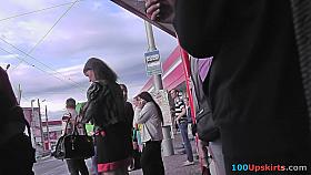 Upskirt porn with brunette-hair gal in a public place