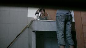 Dark haired asian chick pissing on hidden cam