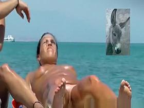 Not tanned pussy in tanned nudist