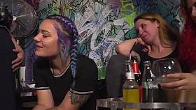 Skinny blonde gangbanged in public