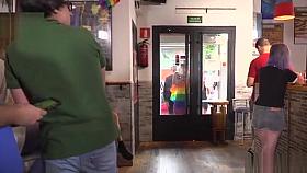 Painted huge tits blonde in public