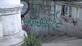 Huge tits brunette strung up in public