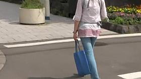 Preggy female sitting upskirt on the city park bench