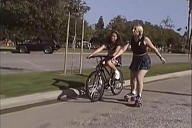 Cute little blonde and brunette lick lucky guys cock