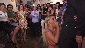 Huge tits blonde body painted in public