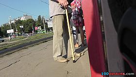 Outdoor upskirt scene filmed at the local bus stop