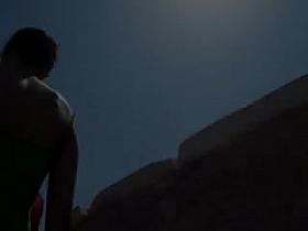 Hot tourist in green dress enticing street ups