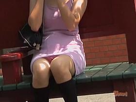 Skirt sharked lady on a bench and her twat hair in his hands