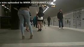 Perfect girl in high heels waits for train
