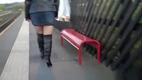 Exhibitionist blonde in short skirt
