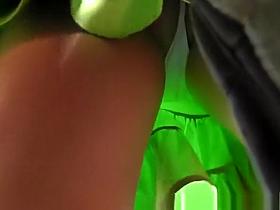 Blonde teen in short green dress upskirt